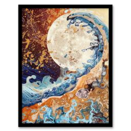 "Artery8 Full Moon Great Ocean Wave Modern Art Gold Framed Art Print in Brown - Size: W12"" x H16""" - thumbnail 1