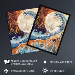 "Artery8 Full Moon Great Ocean Wave Modern Art Gold Framed Art Print in Brown - Size: W12"" x H16""" - thumbnail 2