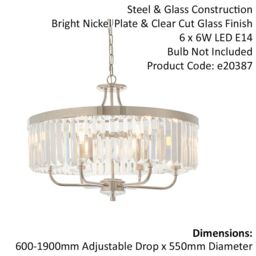 Loops Bright Nickel Ceiling Chandelier Light - Clear Cut Glass 6 Bulb Pendant Fitting in Metallics - thumbnail 2