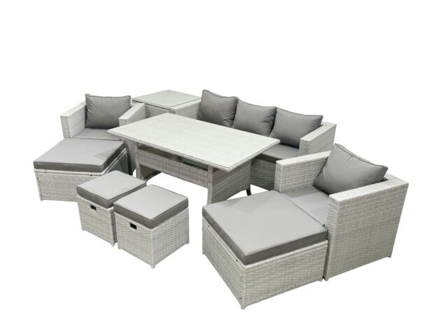 Fimous Rattan Garden Furniture Set Outdoor 9 Seater Patio Dining Sets with Glass Top Dining Table & Side Table Light Grey Mixed - image 1