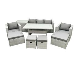 Fimous Rattan Garden Furniture Set Outdoor 9 Seater Patio Dining Sets with Glass Top Dining Table & Side Table Light Grey Mixed - thumbnail 2