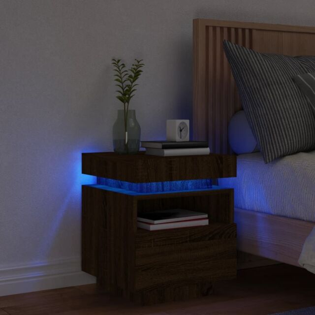 Berkfield Home Bedside Cabinet with LED Lights Brown Oak 40x39x48.5 cm - image 1