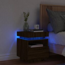Berkfield Home Bedside Cabinet with LED Lights Brown Oak 40x39x48.5 cm - thumbnail 1