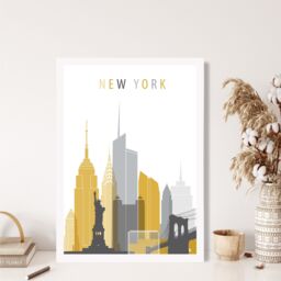 ARTZE New York Yellow & Grey City Skyline Framed Print SIZE: A2 with White Frame - Size: A4 - thumbnail 2