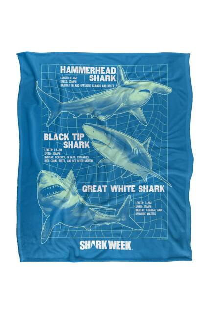 Warner Brothers Shark Week Television Series 152x127 cm Shark Info Grid Throw Blanket - image 1