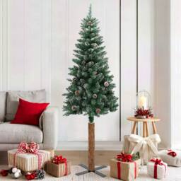 Berkfield Home Slim Christmas Tree with Real Wood & White Snow Green 180 cm - thumbnail 1