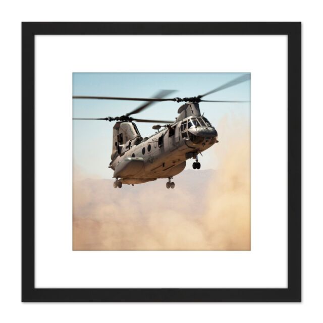 Artery8 Military USA Marine Corps Helicopter CH-46E Sea Knight Photo 8X8 Inch Square Wooden Framed Wall Art Print Picture with Mount in Black - image 1