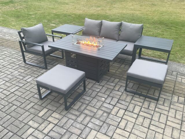 Fimous Aluminium 7 Pieces Garden Furniture Sofa Set with Cushions Gas Fire Pit Dining Table Set with 2 Big Footstools 2 Side Tables Dark Grey - image 1