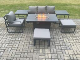 Fimous Aluminium 7 Pieces Garden Furniture Sofa Set with Cushions Gas Fire Pit Dining Table Set with 2 Big Footstools 2 Side Tables Dark Grey - thumbnail 2