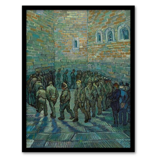 Artery8 Penitentiary Prisoners Exercising Van Gogh Framed Wall Art Print in Blue - Size: A4 - image 1