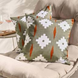 OHS 2 x Geo Print Garden Cushion Covers Outdoor Water Resistant in Olive - Size: 45 cm x 45 cm
