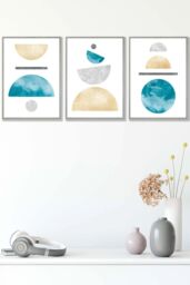 ARTZE Yellow & Aqua Blue Abstract Mid Century Geometric Framed Wall Art - Medium in Light Grey - Size: W45 cm x H62 cm x D20mm - thumbnail 1