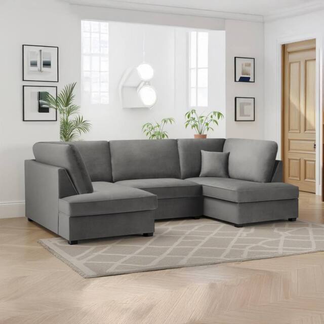 Furnishings For Less UK California Plush Velvet Grey U shaped 6 Seater Sofa + Footstool - image 1