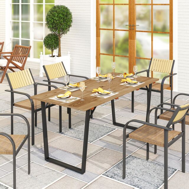 OUTSUNNY Wooden Garden Table for 6 with 5cm Parasol Hole for Balcony Terrace in Brown