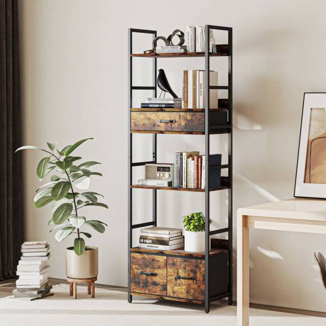 HOMCOM Industrial Bookshelf with 4 Shelves & 3 Fabric Drawers Rustic Brown - image 1