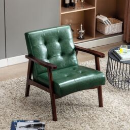 HomeMiYN Faux Leather Armchair, Vintage-Style Chair with Solid Wood Legs, Modern Faux Leather Chair for Living Room Bedroom in Dark Green