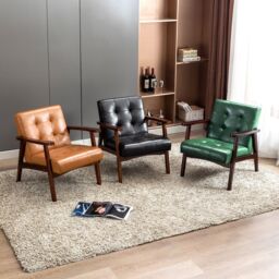 HomeMiYN Faux Leather Armchair, Vintage-Style Chair with Solid Wood Legs, Modern Faux Leather Chair for Living Room Bedroom in Dark Green - thumbnail 6