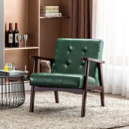HomeMiYN Faux Leather Armchair, Vintage-Style Chair with Solid Wood Legs, Modern Faux Leather Chair for Living Room Bedroom in Dark Green - thumbnail 5
