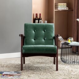 HomeMiYN Faux Leather Armchair, Vintage-Style Chair with Solid Wood Legs, Modern Faux Leather Chair for Living Room Bedroom in Dark Green - thumbnail 4