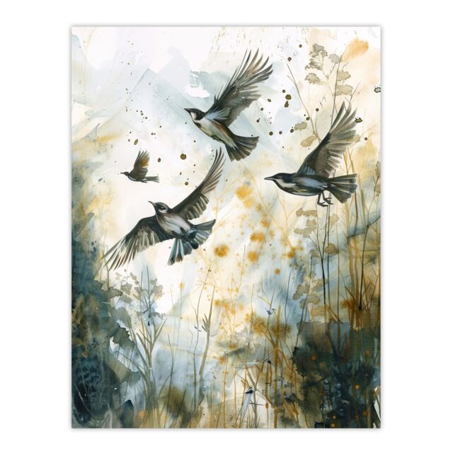 "Artery8 Birds in Flight Autumn Watercolour Painting Wall Art Print in Green - Size: W24"" x H32""" - image 1