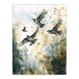 "Artery8 Birds in Flight Autumn Watercolour Painting Wall Art Print in Green - Size: W24"" x H32""" - thumbnail 1