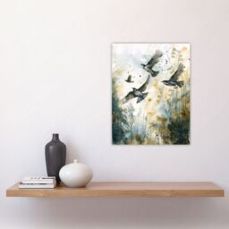 "Artery8 Birds in Flight Autumn Watercolour Painting Wall Art Print in Green - Size: W24"" x H32""" - thumbnail 4