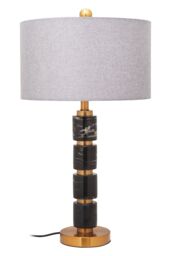 Orsina Grey Fabric Shade Table Lamp, Gold Finish Metal Stem With Marble Accents, Contemporary Lighting