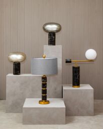 Orsina Grey Fabric Shade Table Lamp, Gold Finish Metal Stem With Marble Accents, Contemporary Lighting - thumbnail 2