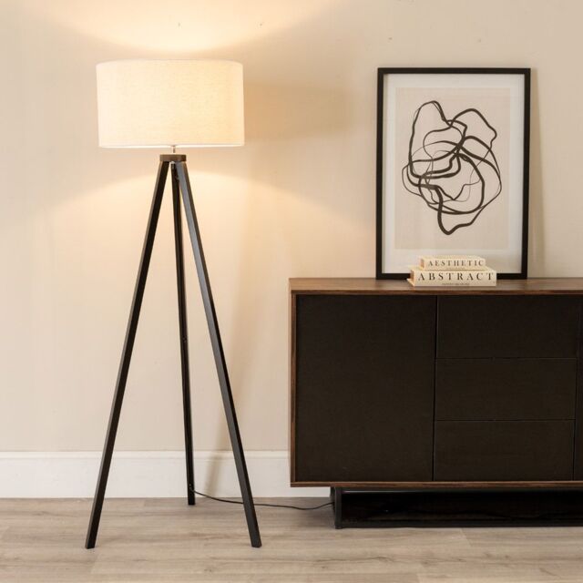 ValueLights Barbro Black Wood Tripod Floor Lamp & Natural Linen Trim Shade in White - image 1