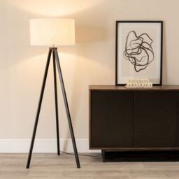 ValueLights Barbro Black Wood Tripod Floor Lamp & Natural Linen Trim Shade in White - thumbnail 1