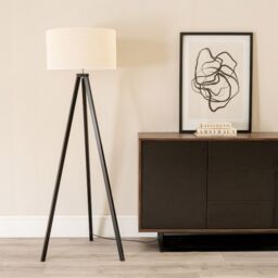 ValueLights Barbro Black Wood Tripod Floor Lamp & Natural Linen Trim Shade in White - thumbnail 3