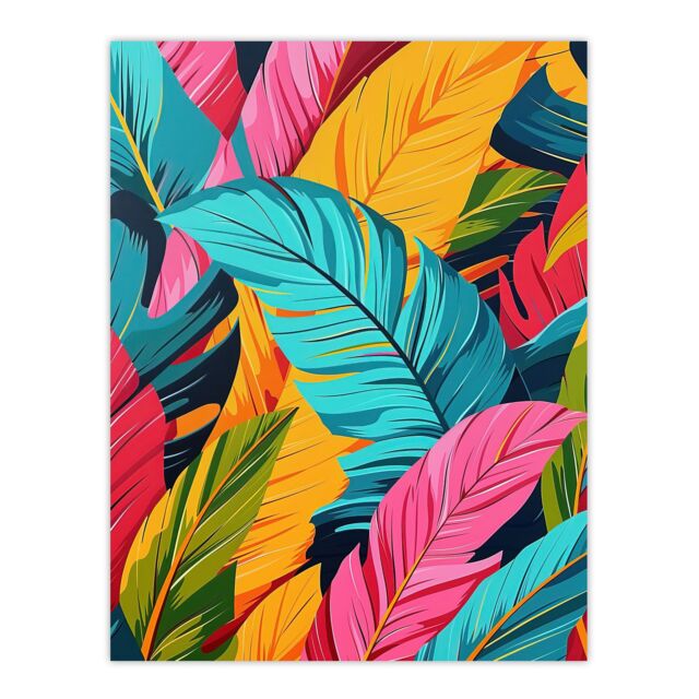 "Artery8 Colourful Tropical Fronds Stylised Leaves Pattern Wall Art Print - Size: W24"" x H32""" - image 1