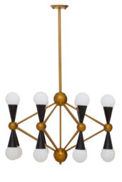 Orsina Brass & Black Metal Pendant Light, Contemporary 16 Bulb Ceiling Light With White Glass Shades in Gold