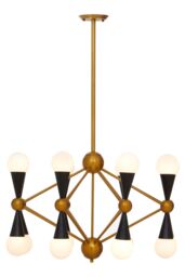 Orsina Brass & Black Metal Pendant Light, Contemporary 16 Bulb Ceiling Light With White Glass Shades in Gold - thumbnail 2