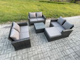 Fimous 7 Seater Rattan Wicker Garden Furniture Patio Conservatory Sofa Set with Square Coffee Table Double Seat Sofa Big Footstool in Dark Grey - thumbnail 2