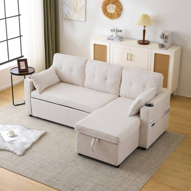 Merax 3-in-1 Convertible Sofa Bed with Storage, Cup Holders, Pillows in Beige - image 1