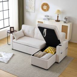 Merax 3-in-1 Convertible Sofa Bed with Storage, Cup Holders, Pillows in Beige - thumbnail 6