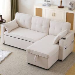Merax 3-in-1 Convertible Sofa Bed with Storage, Cup Holders, Pillows in Beige - thumbnail 3