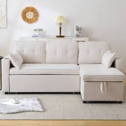 Merax 3-in-1 Convertible Sofa Bed with Storage, Cup Holders, Pillows in Beige - thumbnail 4