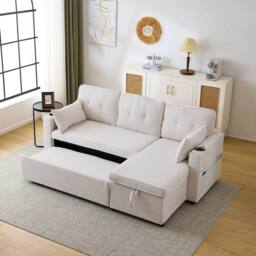 Merax 3-in-1 Convertible Sofa Bed with Storage, Cup Holders, Pillows in Beige - thumbnail 5
