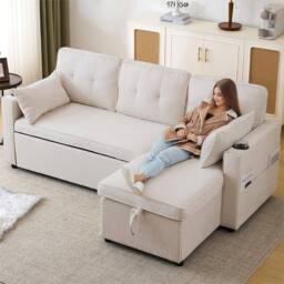 Merax 3-in-1 Convertible Sofa Bed with Storage, Cup Holders, Pillows in Beige - thumbnail 7