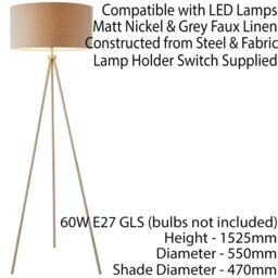 Loops Sleek Tripod Floor Lamp Matt Nickel E27 Free Standing Lounge Light & Grey Shade in Metallics - thumbnail 2