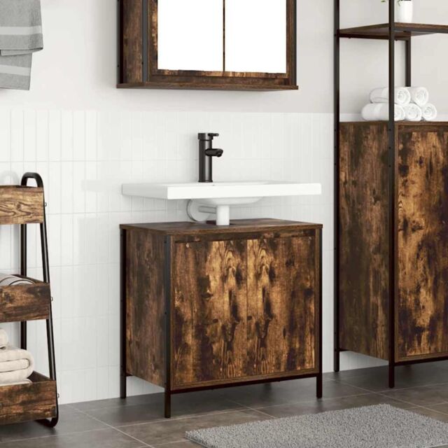 Berkfield Home Bathroom Basin Cabinet Smoked Oak 60x34.5x60 cm in Brown - image 1