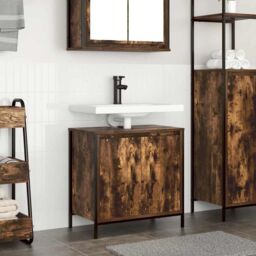 Berkfield Home Bathroom Basin Cabinet Smoked Oak 60x34.5x60 cm in Brown - thumbnail 1