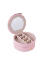 KDMD Women's Round 2 Layer Portable Jewelry Box PU Leather Case Pink - thumbnail 3