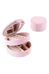 KDMD Women's Round 2 Layer Portable Jewelry Box PU Leather Case Pink - thumbnail 1