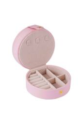 KDMD Women's Round 2 Layer Portable Jewelry Box PU Leather Case Pink - thumbnail 4