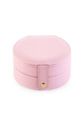 KDMD Women's Round 2 Layer Portable Jewelry Box PU Leather Case Pink - thumbnail 2