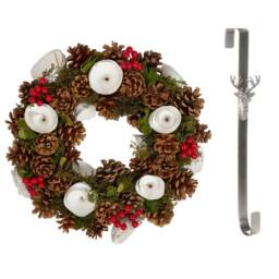 Dibor 36cm White Berries & Roses Christmas Wreath with Stag Wreath Hanger in Red