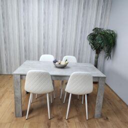 KOSY KOALA Stone Grey Effect Wood Dining Table Set with 4 White Gem Pattern Chairs Dining Room Furniture in Brown